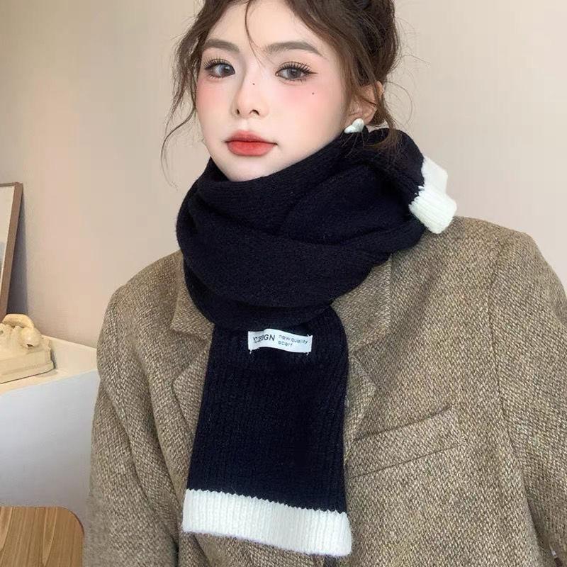 

Dopamine Scarf for Women Winter Color-Blocked Edge Versatile Knitted Thickened Student Small Neck Warmer Warm Shawl