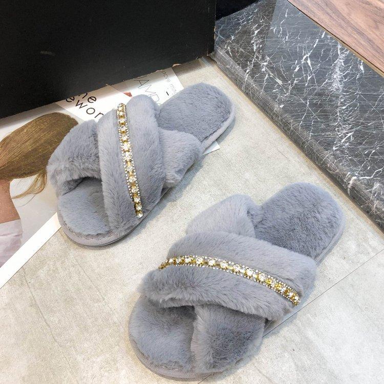 Mao Mao Slippers Cross Chain 2020 Autumn and Winter New Korean Version Flat Bottom Warm Indoor Cotton Mop Fashion Plush Shoes