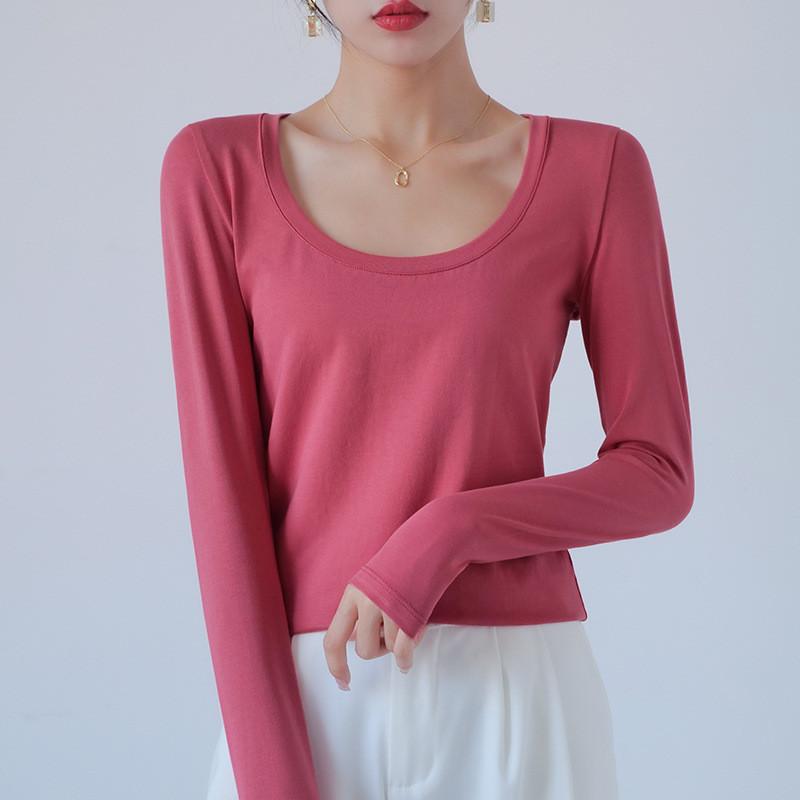 Cotton Crew Neck Slim Fit Long Sleeve Tshirt With Solid Color For Casual Wear