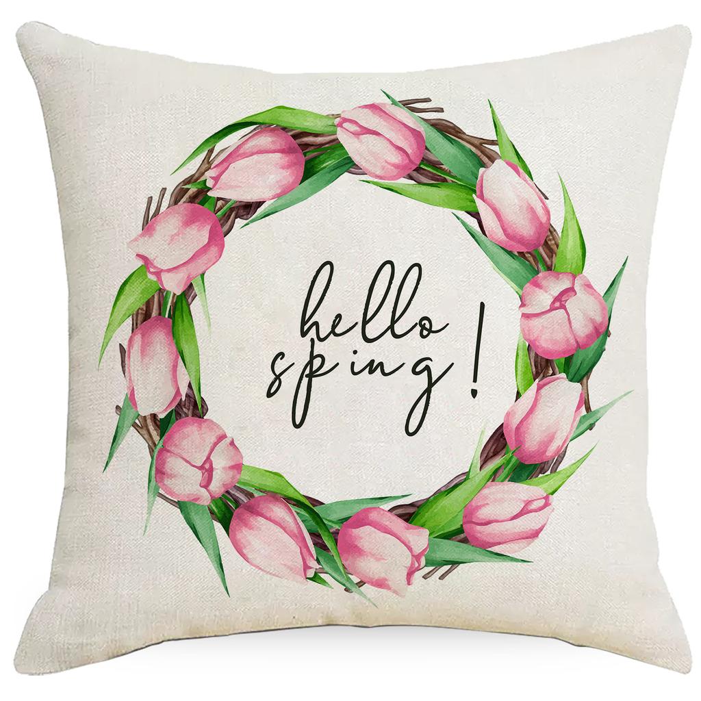 Pink Tulip Flowers Linen Print Pillowcase Spring and Summer Plant Flowers Sofa Pillow Bedside Pillowcase