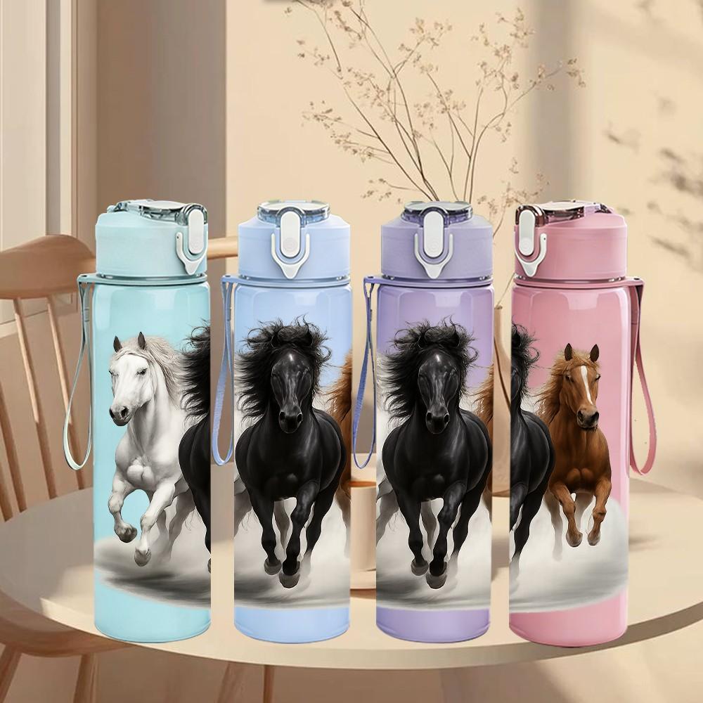 1PC Multiple Horses Running Scene Print 750ml Color Plastic Sports Water Bottle Leakproof Flip Straw Lid Suitable for Sports Office Home Use