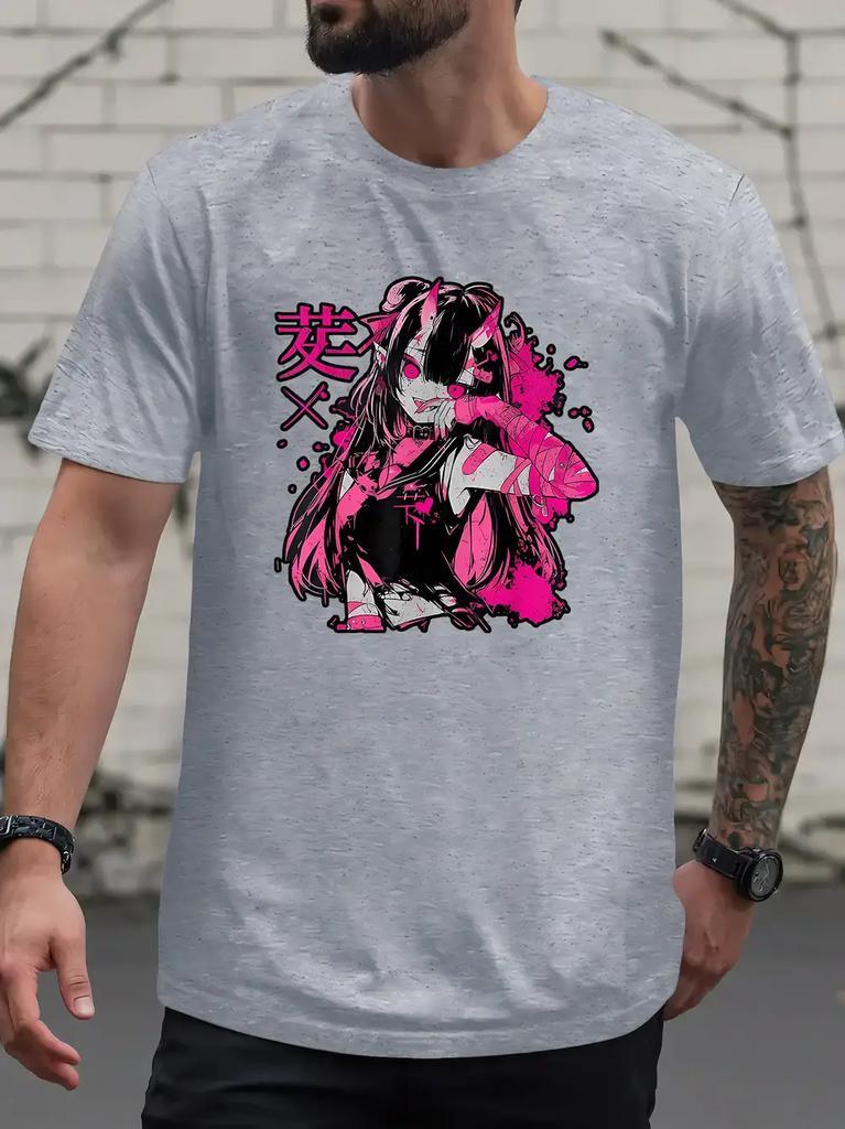 Casual Short Sleeve T-shirt with Pink & Black Devil Girl Graphic Print