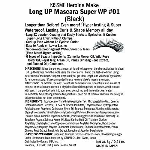 Heroine Make Long UP Mascara Super WP 01 Black 6g Voděodolné složení odolné proti slzám, potu, vodě, kožnímu mazu a oděru