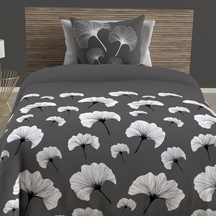 Parure housse de couette en coton 57 fils/cm2 140x200 cm GINKGO gris, par Soleil d'Ocre