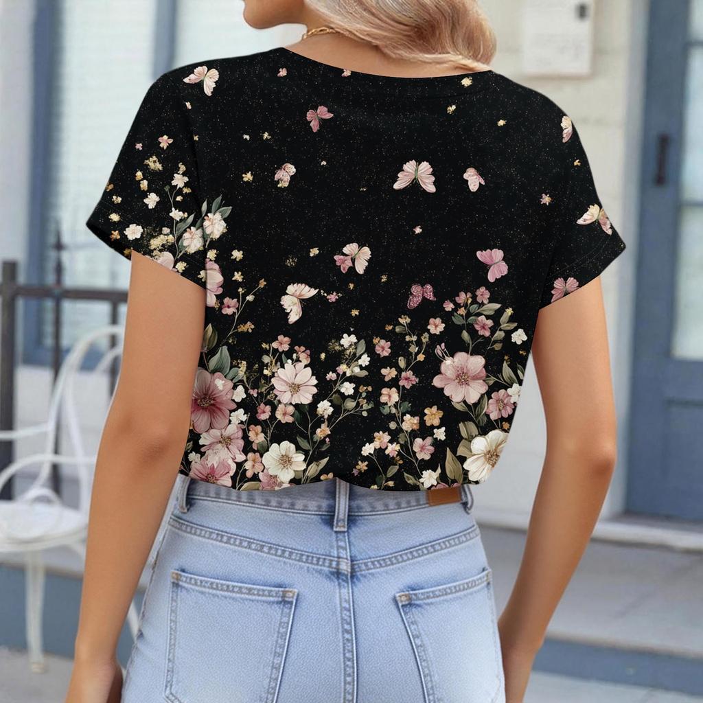 Damen Kurzarm Hemdbluse mit Blumenmuster, Henley-Kragen, Knopfleiste, Lässige lockere Passform, Oberteil für den täglichen Gebrauch und Outdoor-Aktivitäten