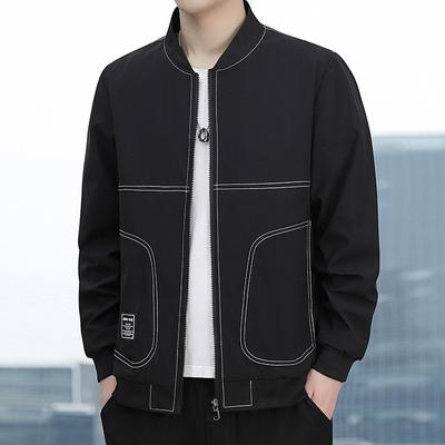 Men's Black Baseball Collar Bomber Jacket Men's Spring Trend All-Match Tops Casual Jacket Men