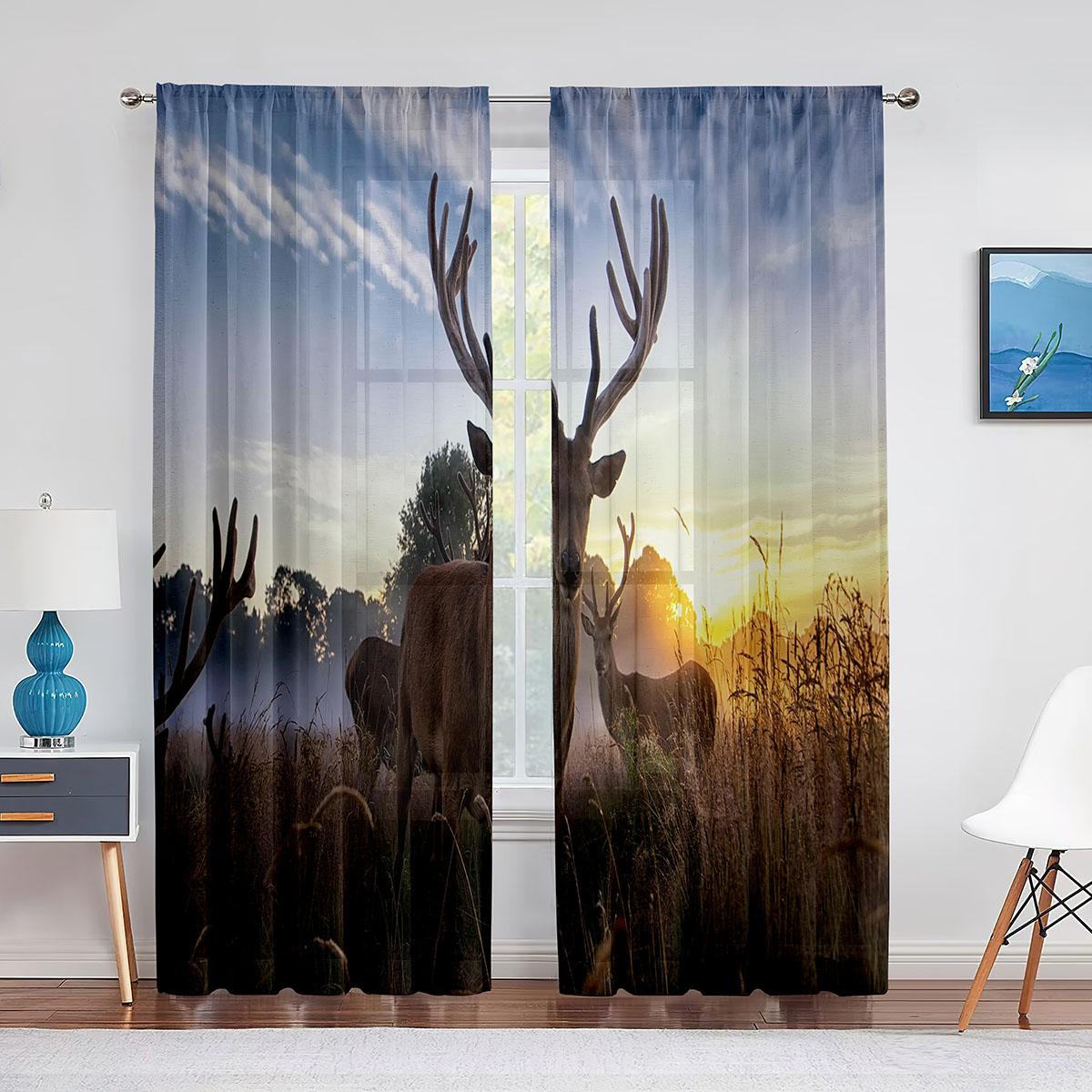 

Силуэт двух оленей, шифоновые прозрачные шторы для гостиной, спальни, украшения для дома, узор лося, вуаль, тюлевые занавески, шторы 1 PCS W100XH250cm&Grommet Top