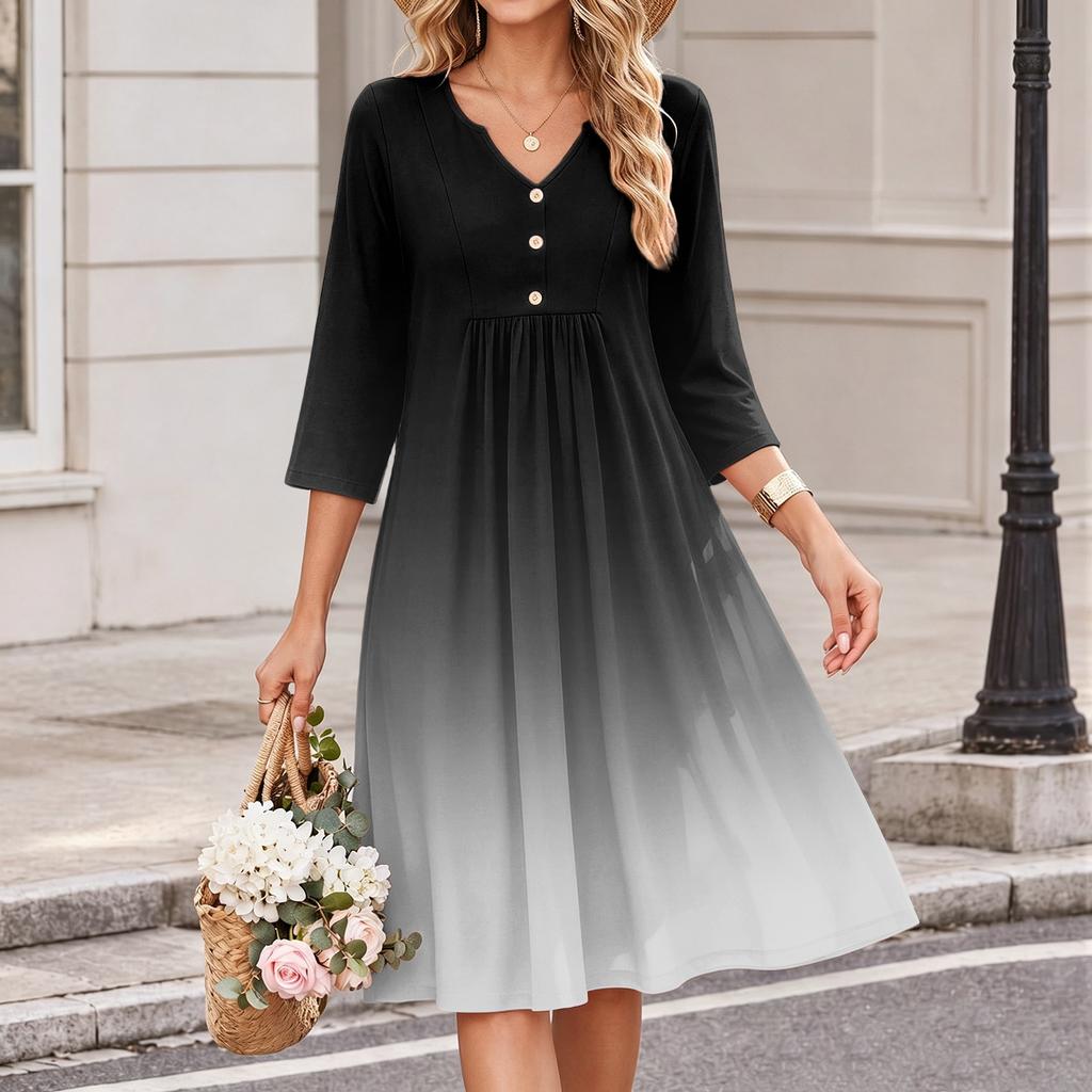 Women's V-Neck Three-Quarter Sleeve Gradient Print Casual Dress for Daily Wear