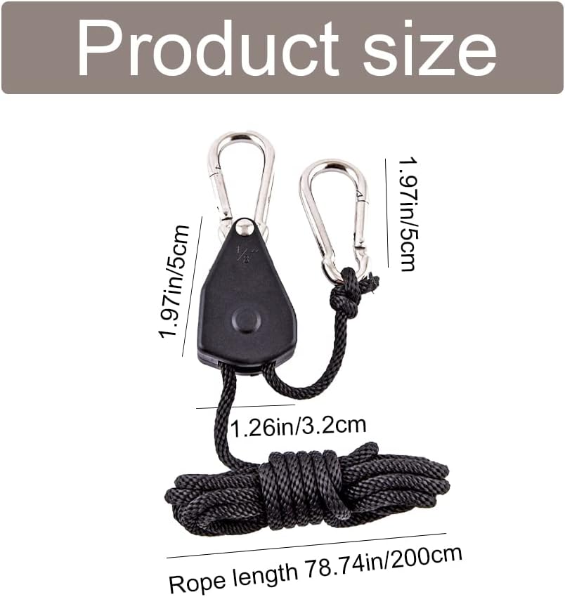 2 Pack 1/8in Heavy Duty Rope Hanger, Ttdesefu Adjustable Ratchet Plant Light Slings Buckle Tent Canopy Rope Stop Buckle Tent Guy Ropes with Pulley for