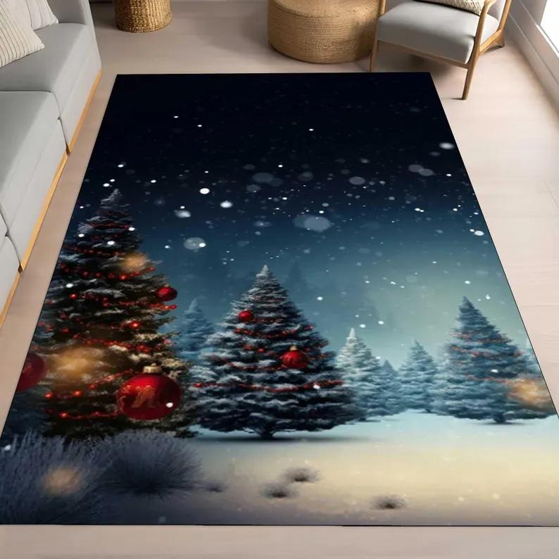 

Winter Wonderland Rug, Christmas Tree Design Carpet for Festive Home Decor, Snowy Night Theme Floor Mat 40x60cm Flannel
