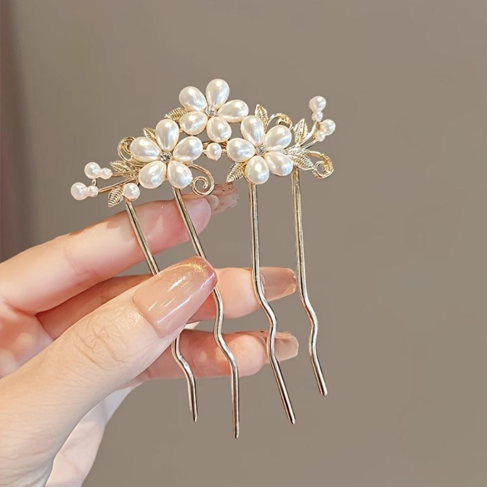Francuskie Retro Akcesoria do Włosów Kok Eleganckie Perłowe Kwiatowe Grzebienie do Włosów Damskie Codzienne Spinki do Włosów w Kształcie Litery U Damskie Metalowe Zapięcie do Włosów