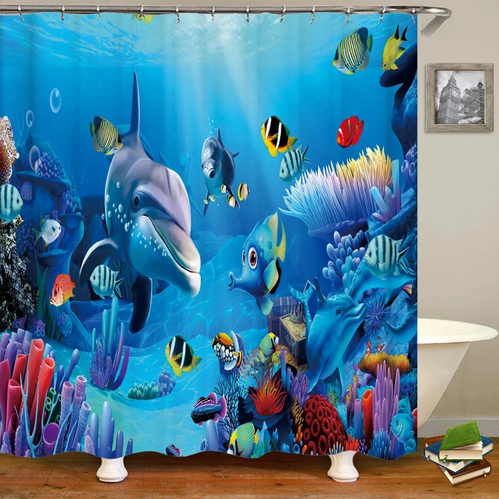 Ocean Dolphin Shower Curtain: Vibrant Underwater Decor for Bathroom, Tropical Ambiance with Fish, Coral, and Seashells W90XH180cm