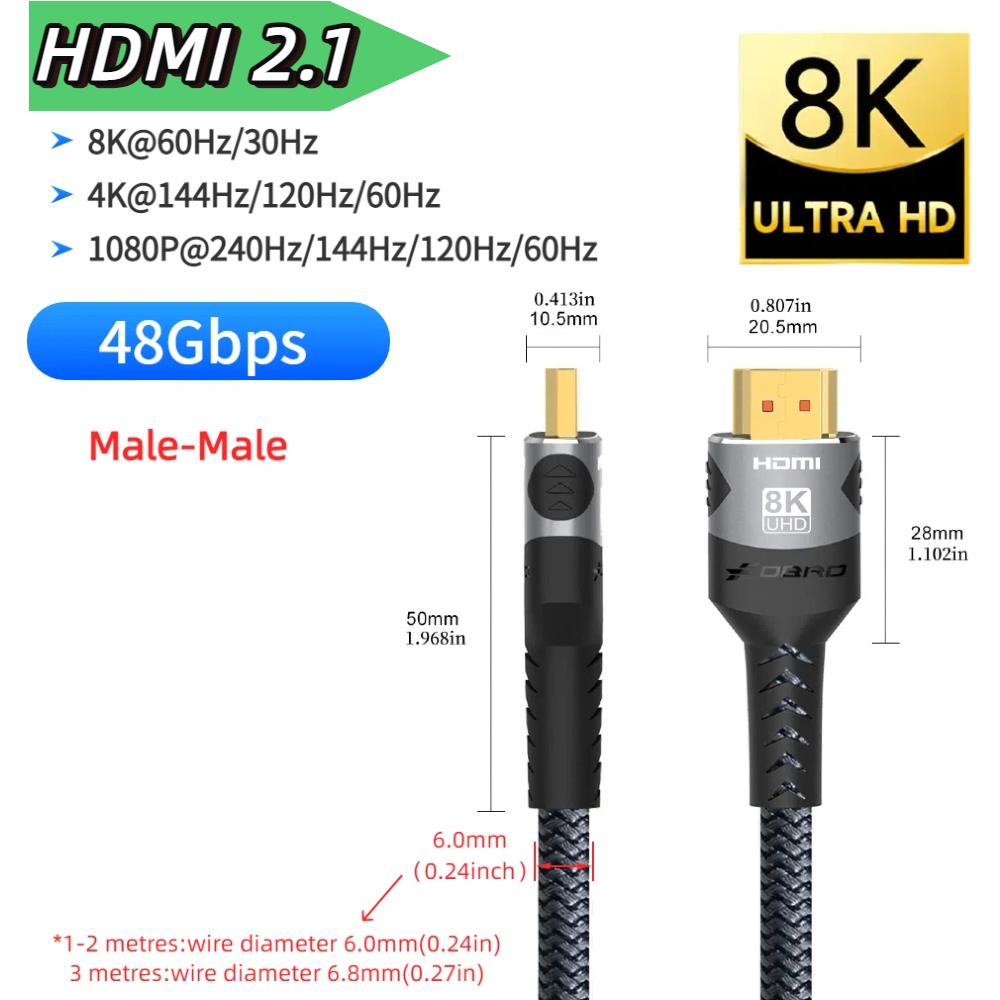 8K HDMI Cable HDMI 2.1 8K@60Hz 4K@120Hz 48Gbps EARC ARC HDCP Ultra High Speed HDR For  PS5 PS4 Laptop HD TV Monitor Projectors
