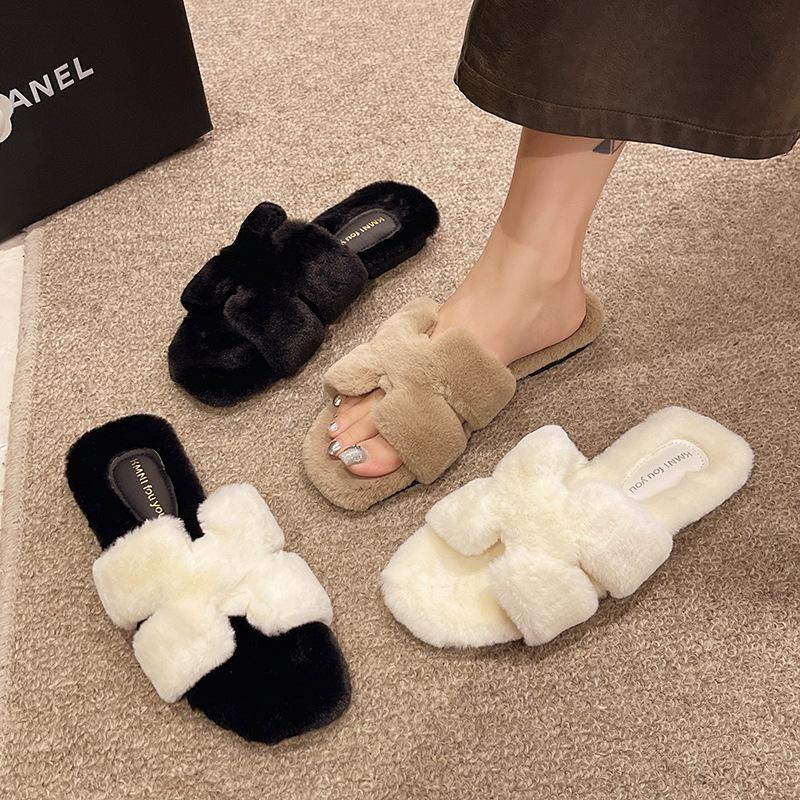 Xiaoxiangfeng Square Head Flat Bottom H Fluffy Slippers Women's Outer Wear~ High Sense Fashion Versatile Home Office One-word Drag Tide