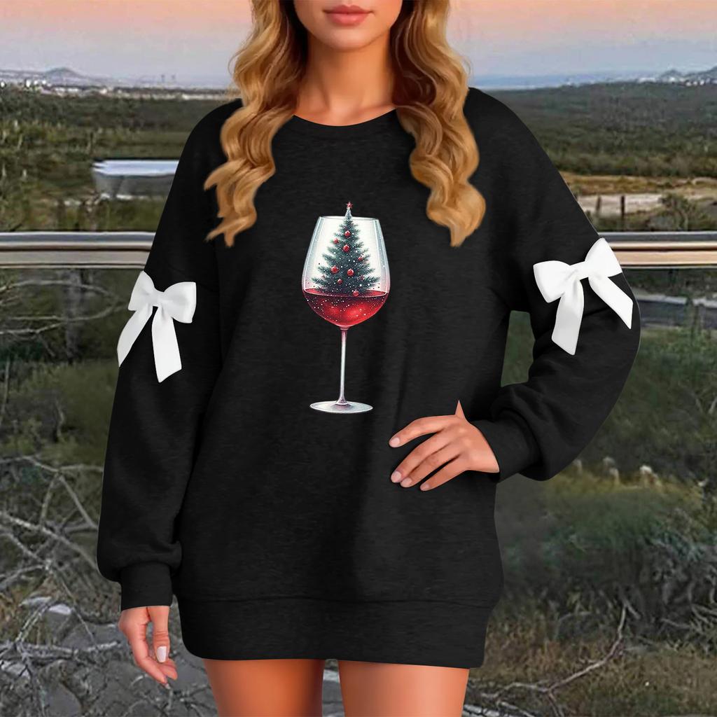 Ladies' Christmas Printed Bow Round Neck Long Sleeved Loose Pullover Sweater Sweatshirt Top