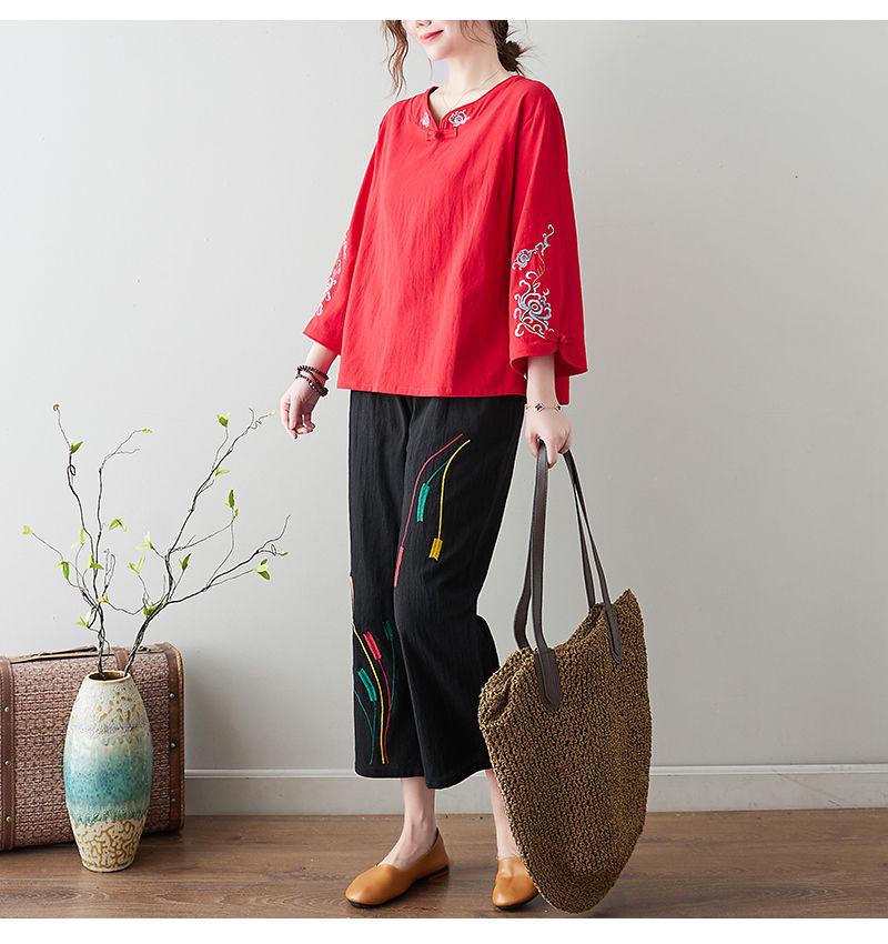 Women's Retro Chinese Buttoned Embroidered Shirt, Cotton-Linen, Loose Fit, Three-Quarter Sleeves