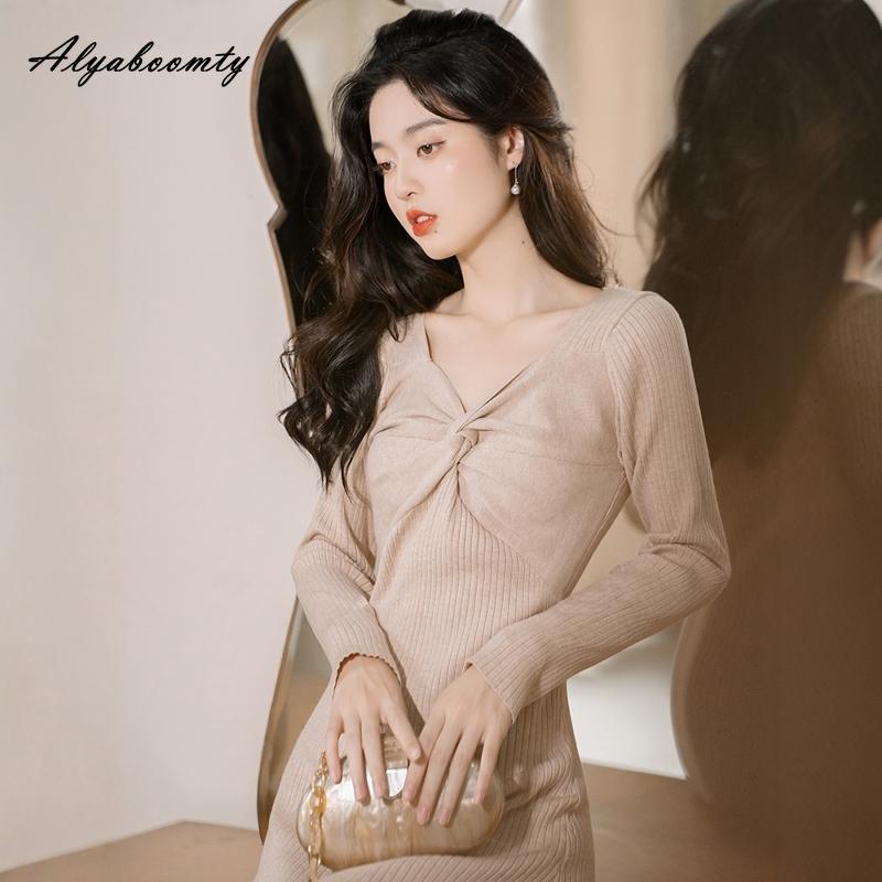 Francuski Styl Jesień Zima Damska Sukienka Swetrowa Dekolt V Dzianina Dopasowana Ciepła Sukienka Elegancka Kobieca Dzianinowa Sukienka A-Linia z Długim Rękawem