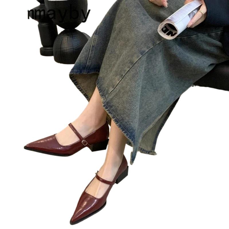 Fashion Retro Style Thick Heel Women Mary Jane Shoes Fashion Shallow Pointed Toe Ladies Comfort Office Pumps Footwear