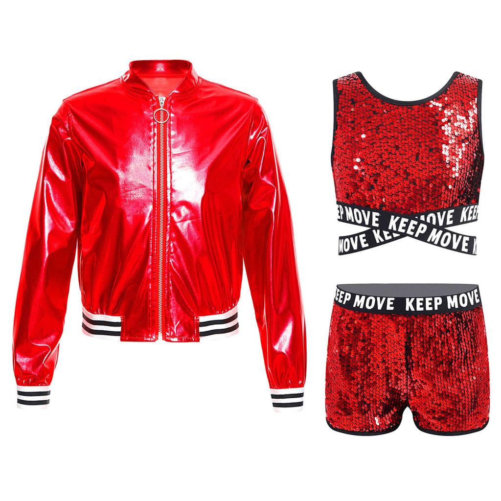 Kids Girls Sparkling Sequined Dance Costume Sleeveless Crisscross Strap Crop Top with Shorts and Metallic Jacket