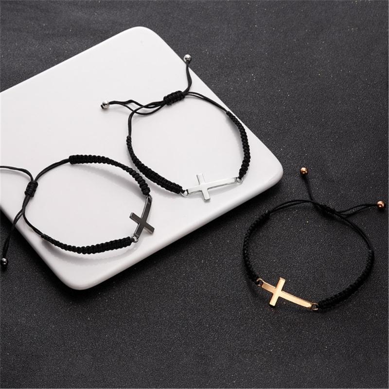 Adjustable Woven Crucifix Bracelet for Fashionable Couple Braided Rope Handchain Trendy Unisex Wristband Accessories