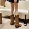 Studded Western Cowboy Boots Boots for Women Autumn Zip Embroidered Pointed Toe Shoes Chunky Heel Mid Calf Knight Boots