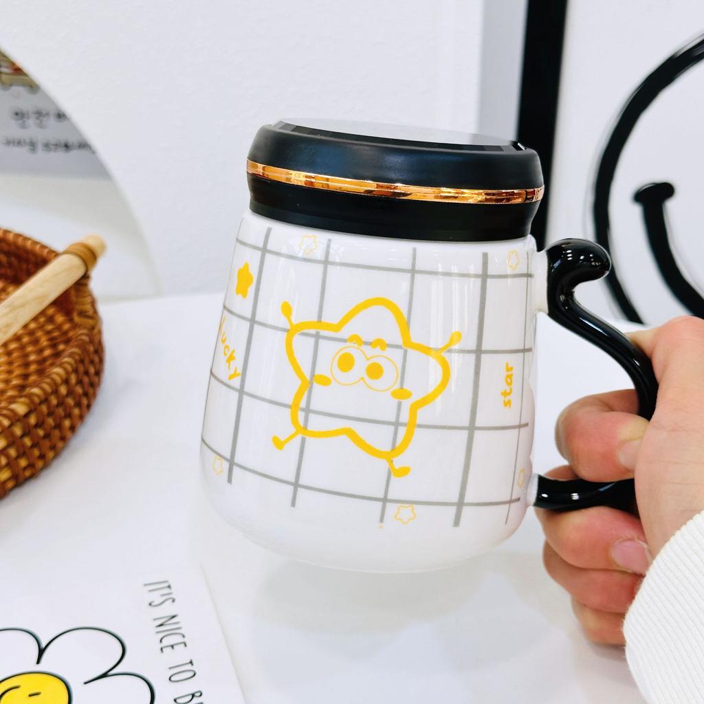 Expression Smiley Face with Lid Dustproof Mirror Cup Star Ceramic Cup Couple Mug Gift Box Set Water