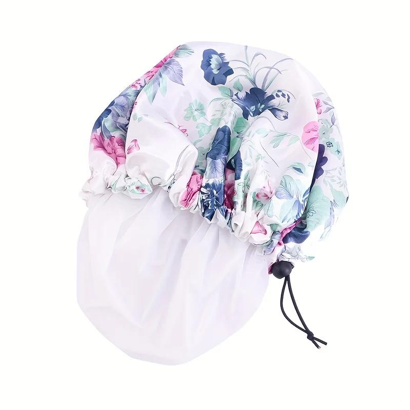 1pc Men and Women Double Layer Waterproof Shower Cap Floral Print Adjustable Double-Layer Elastic Hair Cap Bathing Accessory