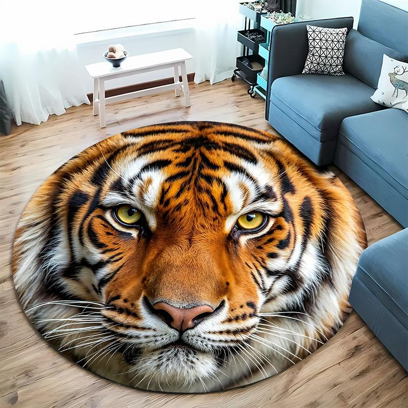 3D Tiger Head Pattern Large Round Carpet Anti Slip Polyester Fiber Office and Home Entrance Home Decoration Floor Mat Gift Rugs