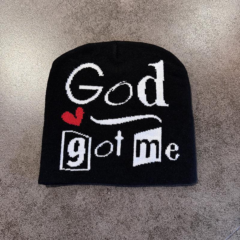 Winter Acrylic Knit Hat With Trendy Letter Embroidery For Outdoor Activities Black God
