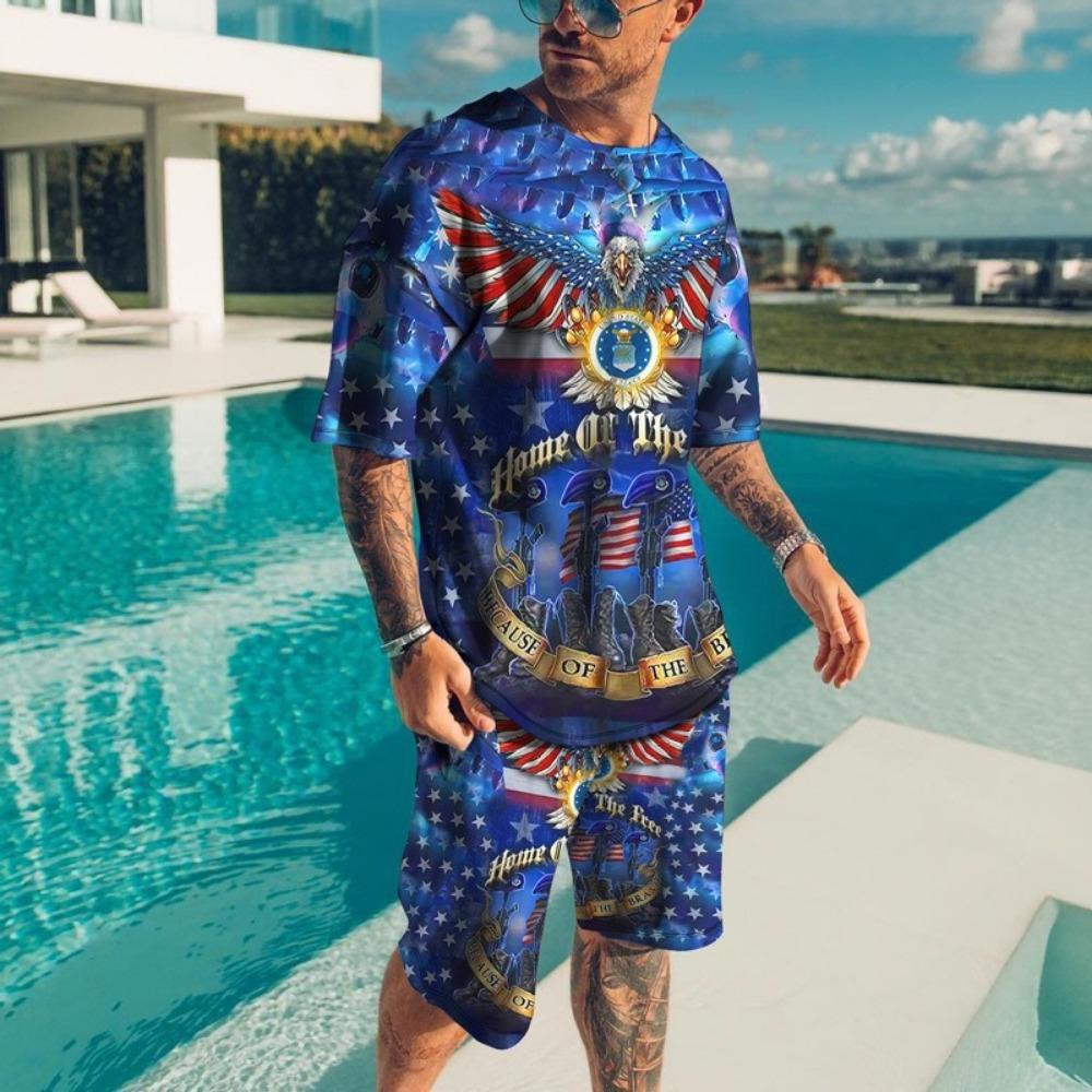 New Vintage Style Men's Beach Shorts Set 3D USA Flag Print Short Sleeve T-shirt+Shorts 2 Pcs Set Summer Oversized Tracksuit Suit