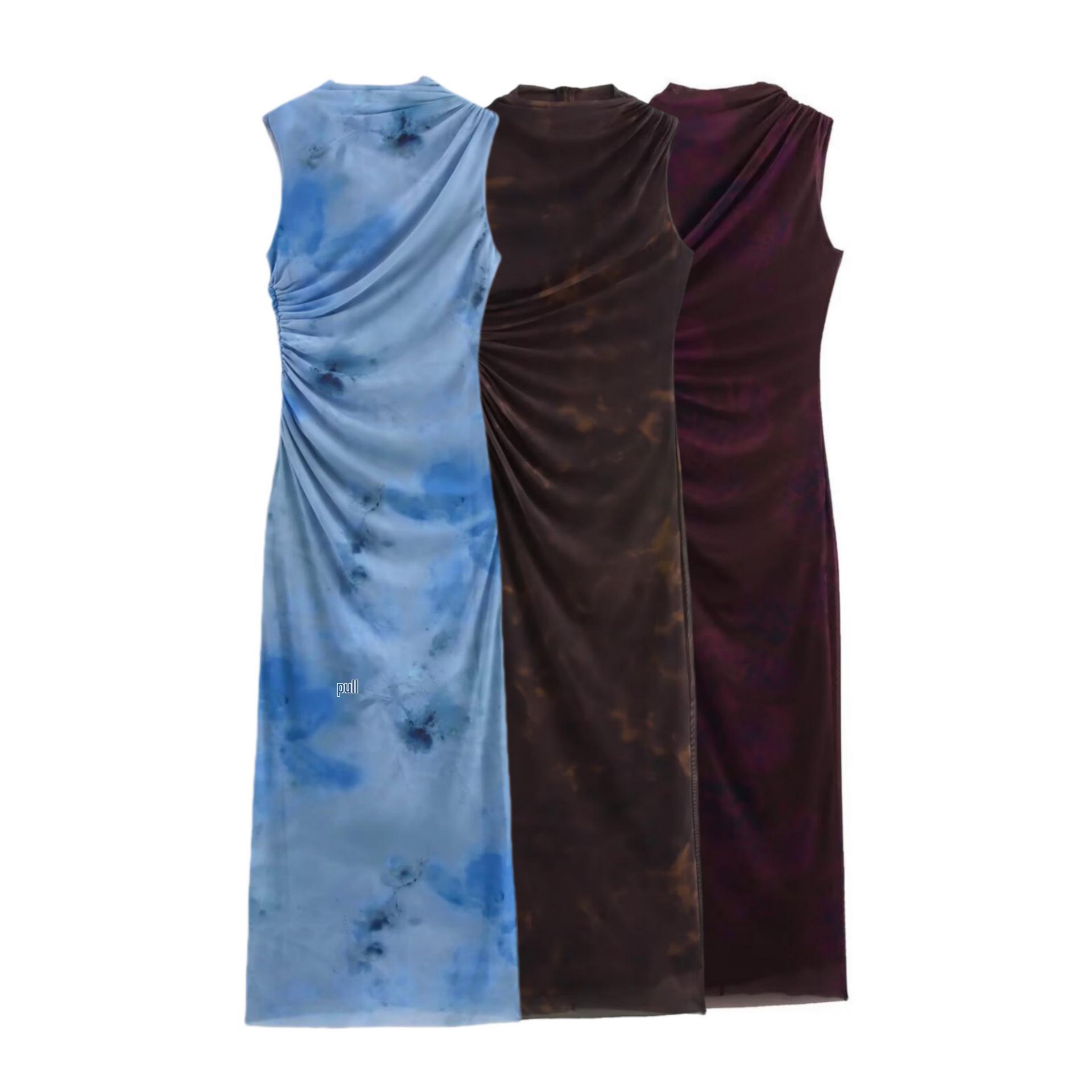 

2025 Spring Women s Tie-Dye Pleated Sleeveless Slim Dress Medium вино красного