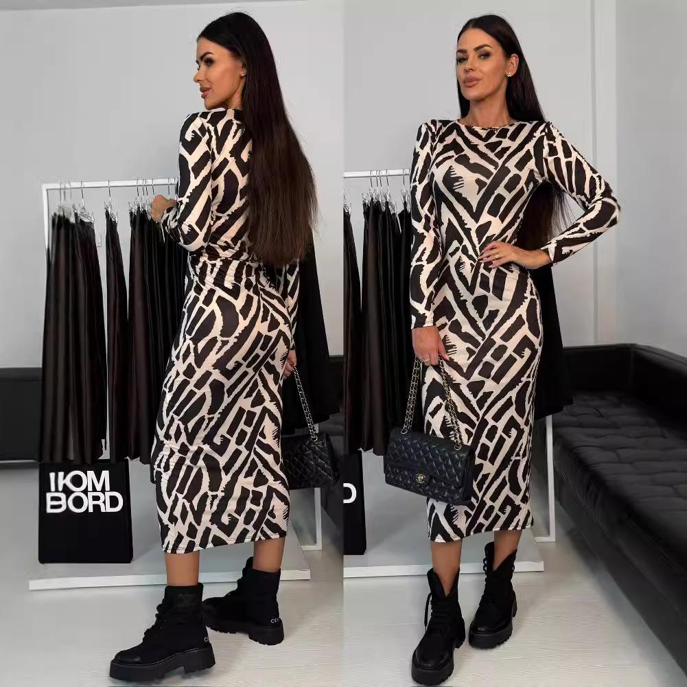 2024 Autumn Abstract Stripe Mid-length Dress for Women