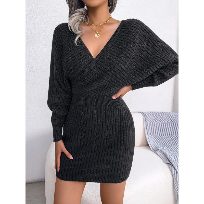 Solid Color Sexy Cross V Neck Batwing Long Sleeve High Waist Bodycon Pencil Mini Dress For Women