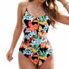 Women Print Jumpsuit Bikini Gather Push Up Sexy Sling Backless Swimsuit Women's Hanging Neck High Waist Suspender Bikini