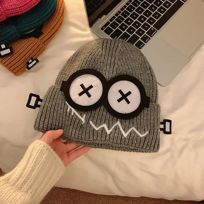Cute Cartoon Candy Color Kpop Beanie Women'S Big Eyes Smile Skull Cap Winter Warm Knitted Streetwear Fashion Student Hat