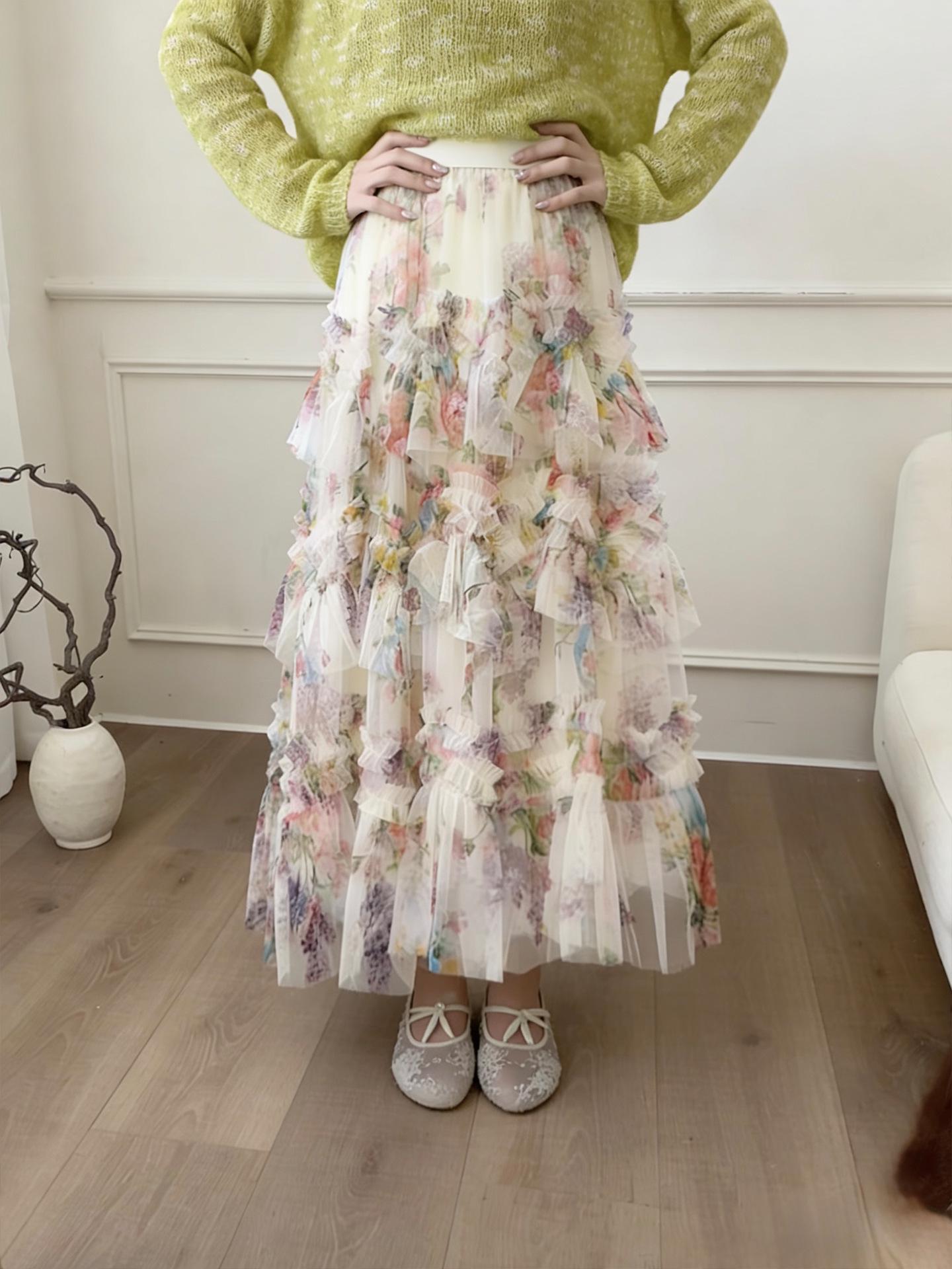 

Seaside Fairy Mesh Floral Layered A-line Long Skirt for Women - Spring/Summer 2026 Collection. One Size