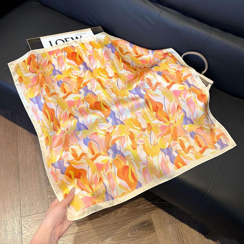 Fashion Black and White Printing Temperament Square Scarf Imitation Silk Korean Version Decorative Scarf Scarf Professional Decorative Shawl Silk Scar