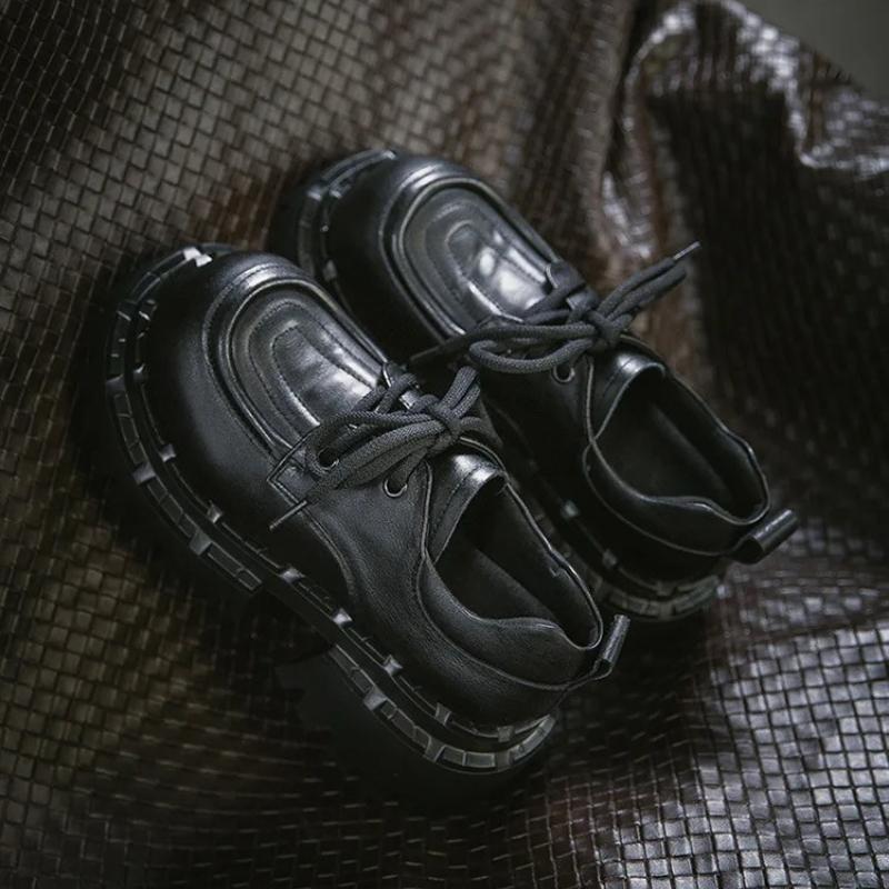 Johnature Britischer Stil Schnürschuhe Runde Spitze Dicke Sohle Echte Leder Vielseitige Damen High Heels Pumps