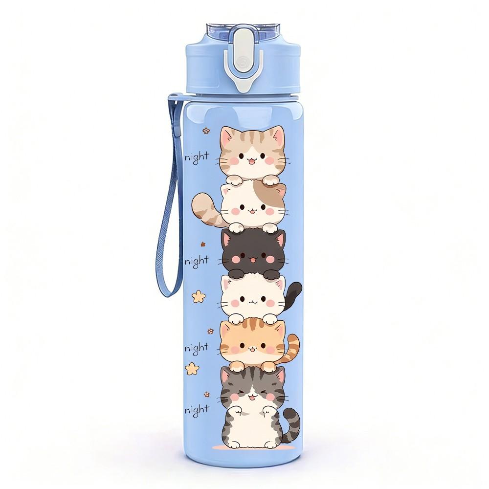 1PC Vertical Stacked Kitten Cartoon Print 750ml Color Plastic Sports Water Bottle Leakproof Flip Straw Lid Suitable for Sports Office Home Use