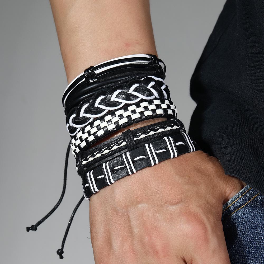 Foreign trade new street hip-hop style adjustable leather woven hand rope set, cross-border men's DIY leather bracelet