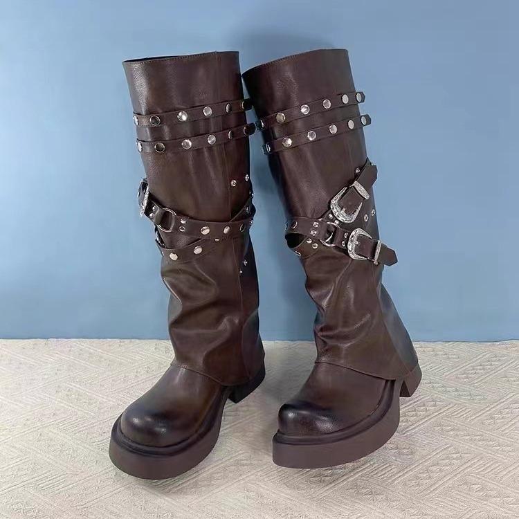 Autumn Maillard Pants Boots Women'S Vintage Round Head Boots Riveted Knight Boots