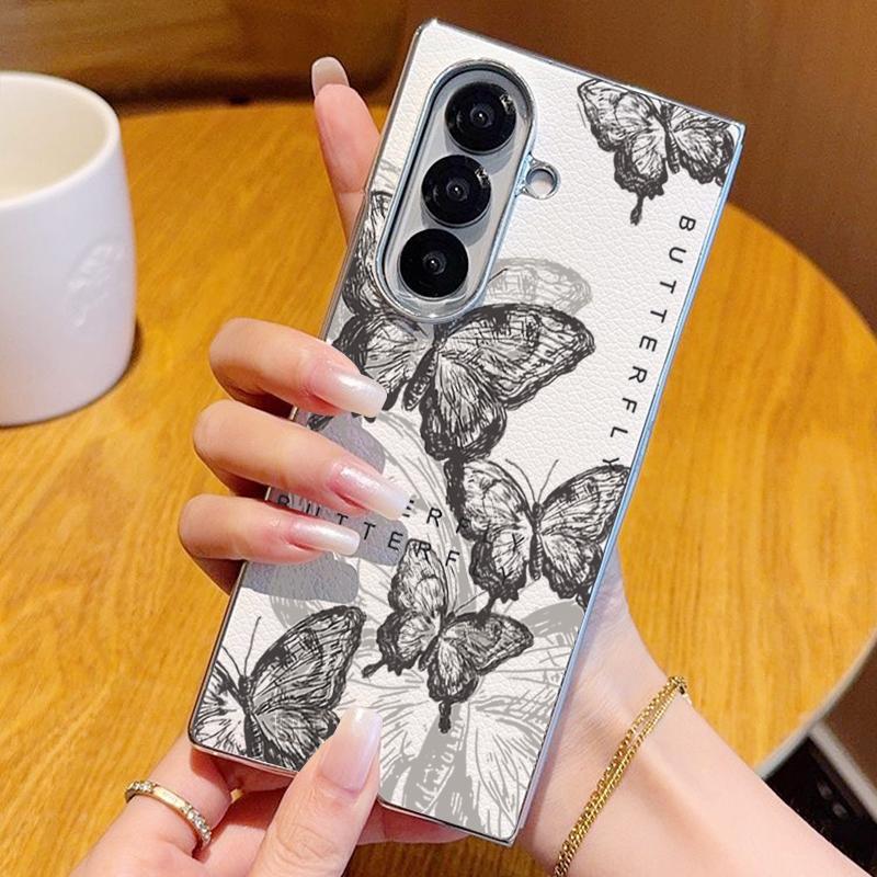 Line Butterfly Pattern Case For Samsung Z Fold 7 6 5 Luxury Hybrid 3in1 Leather Skin Plating Folding Phone Cover For Samsung Z Fold7 Fold6 Fold5
