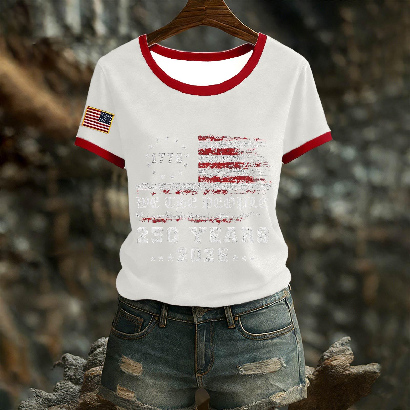 

Women’s Crew Neck Short Sleeve Pullover T Shirt with 250 Years 2026 Independence Day Graphic Loose Fit Casual Top for Everyday Wear XL білий