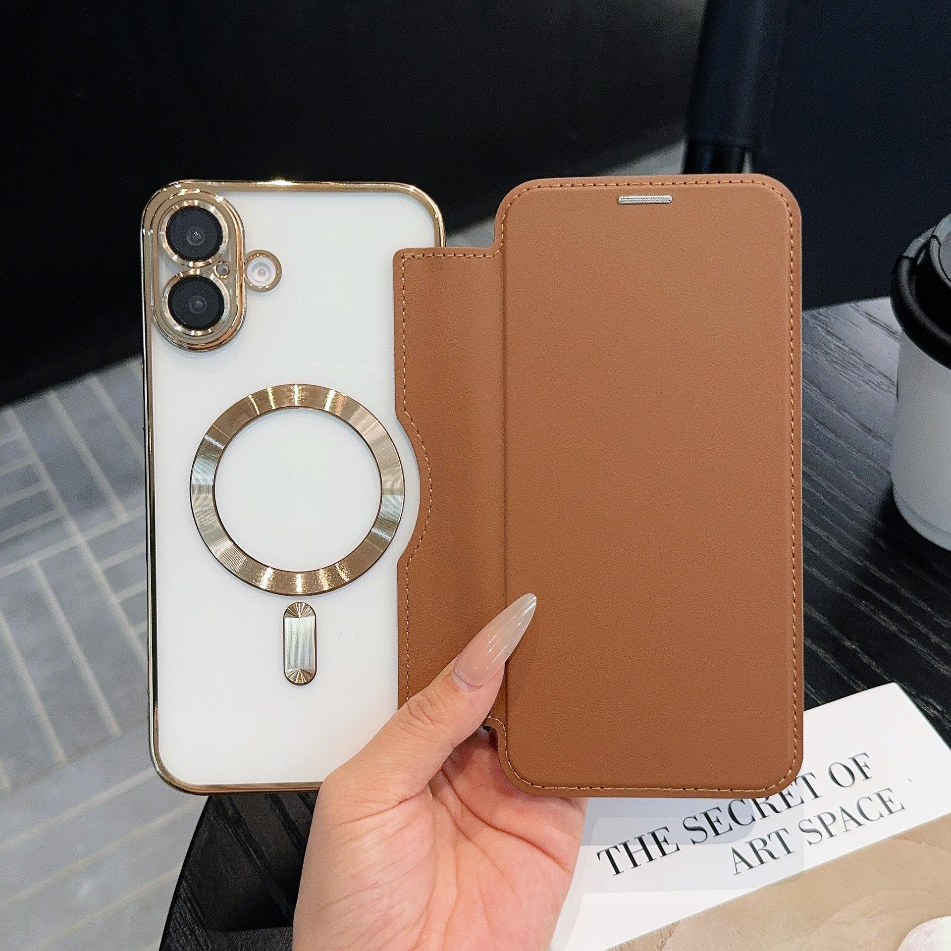 

Кожаный чехол-книжка для iPhone 16 Se4 подходит для чехла для мобильного телефона Apple 15 Promax 14 Гальванизированная магнитная адсорбция 13 iPhone16E/SE4 коричневый