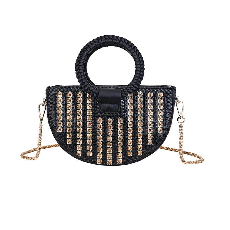

2026 Brand Fashion Luxury Designer Woven Round Handle Big Diamond Women s Evening Bag Half Moon Shiny Crystal Crossbody Handbag чёрный