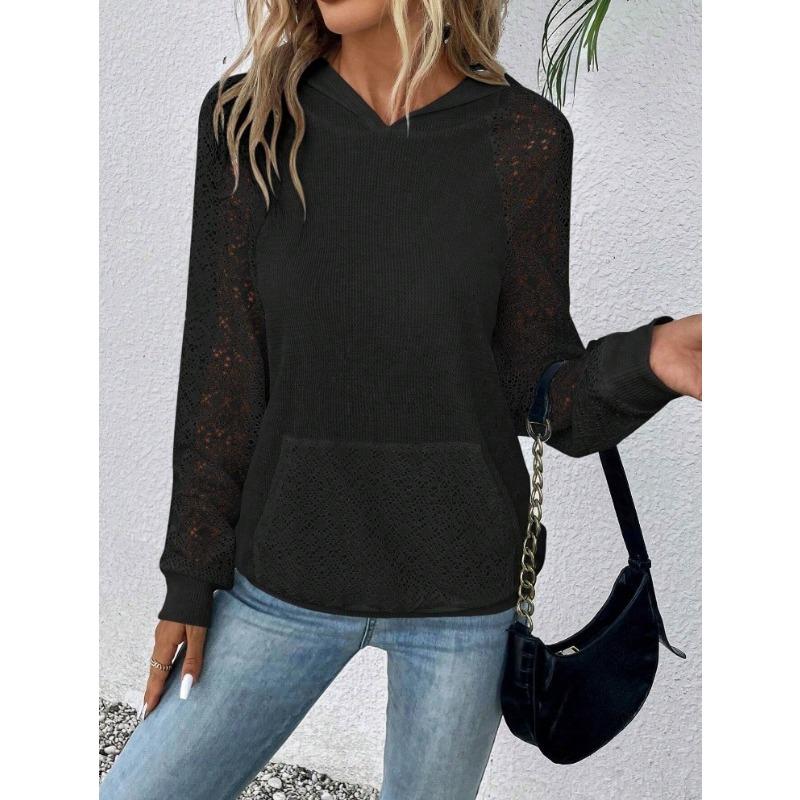 Sommer frauen Spitze Waffel Plaid Patchwork Hoodie Casual Sweatshirt Hoodies & Sweatshirts frauen