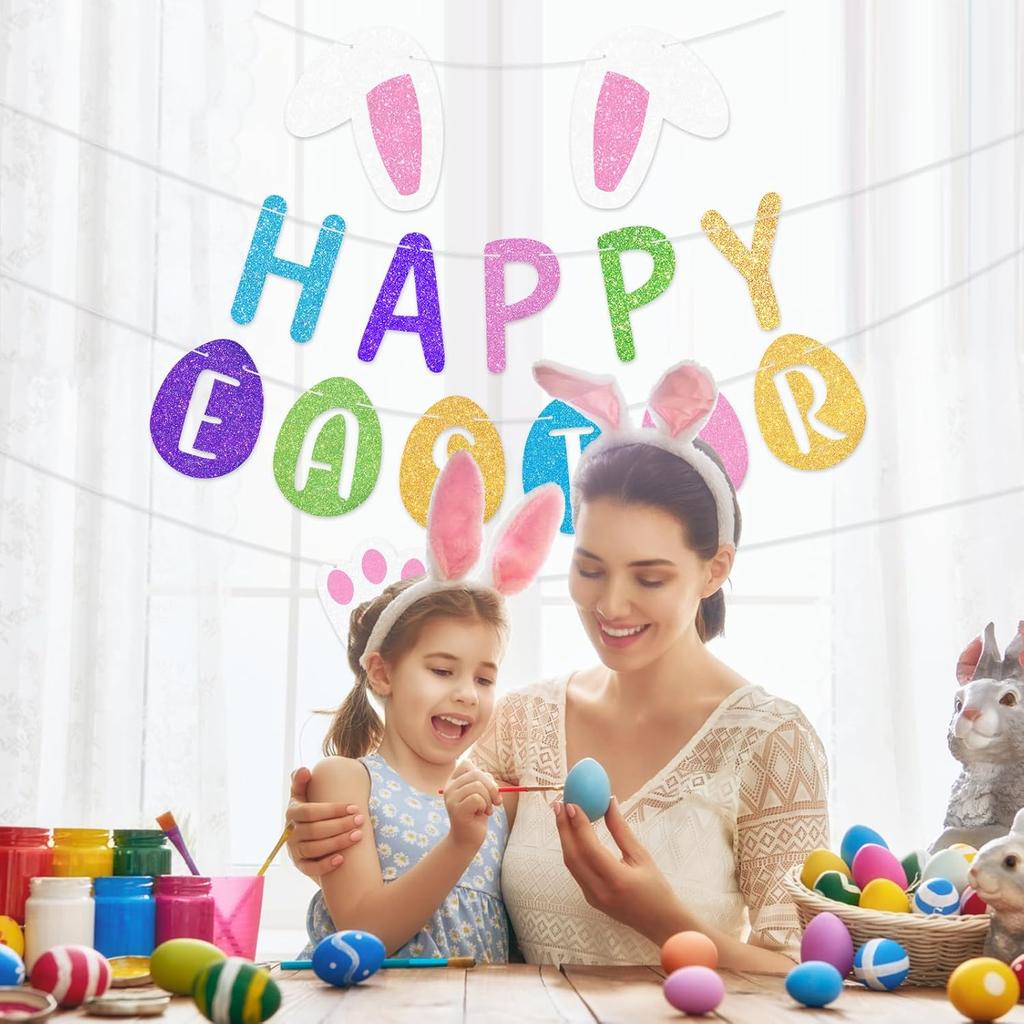 Happy Easter Pulling Flag Banner Bunny Ear Headband Easter Theme Party Background Wall Decoration For Festival Celebration