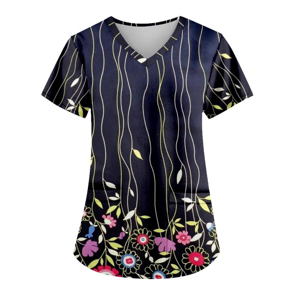 Women's Fashion Printed Work Uniform With Pocket T-Shirt Short Sleeve Top