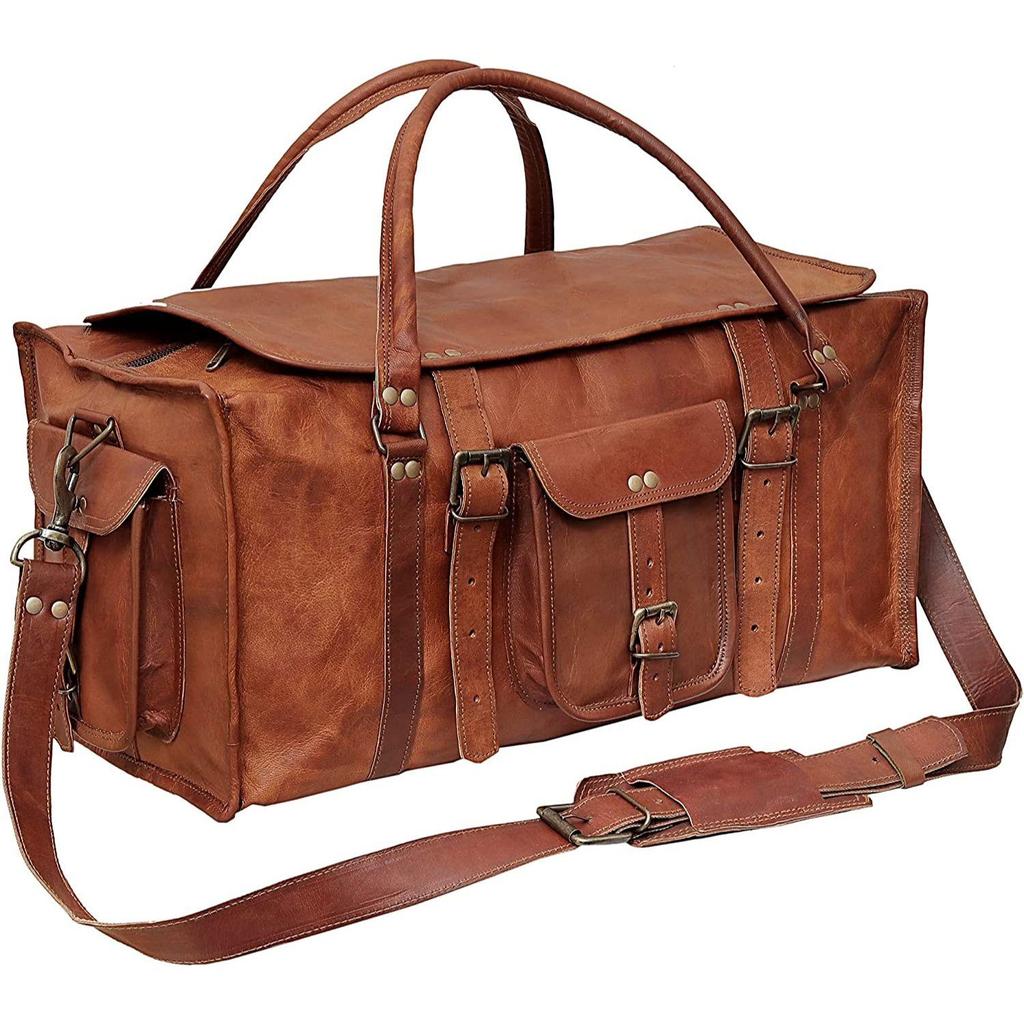 Mens Retro Style Carry On Luggage Flap Duffel Leather Duffel Bag
