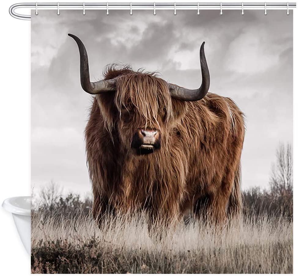 Highland Cow Shower Curtain Rustic Farmhouse Cattle Butterfly Farm Animals Flowers Plants Cowboy Boots Bathroom Decor With Hooks